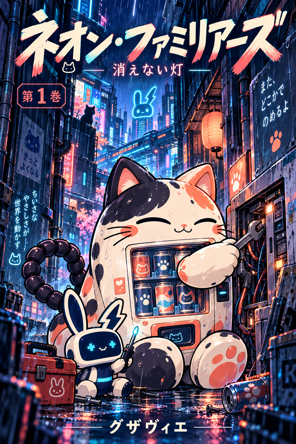 Néon Familiars, Moka et Bip dans une ruelle illuminée
